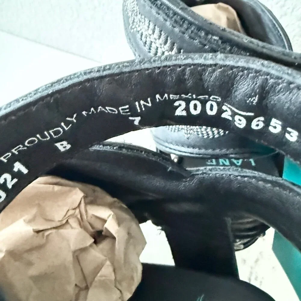 Lane Lexington Jet Black Leather Western Wedge Sandals Wood Heel Womens Sz 7 - Picture 8 of 11